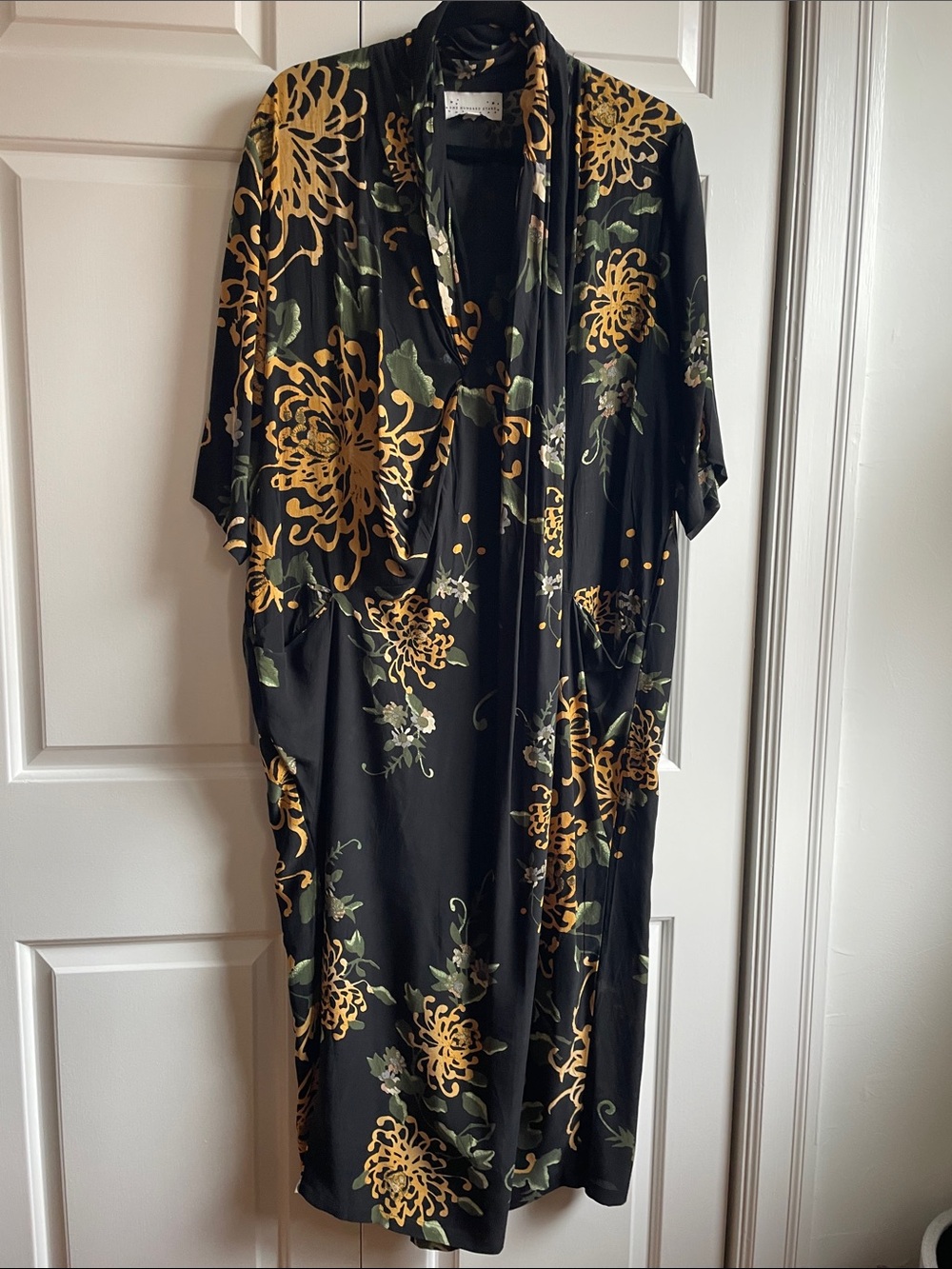 Black Midi Dress with Yellow Floral Print and V-Neck Tie